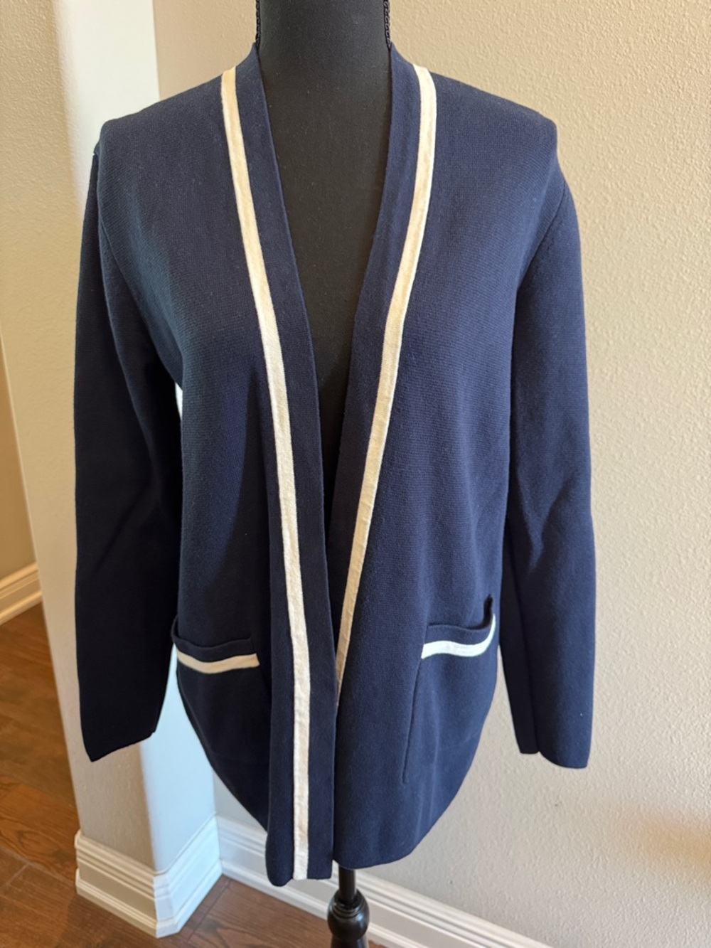 J. Crew Factory Navy Blue Open Cardigan with Cream Trim S EEUC